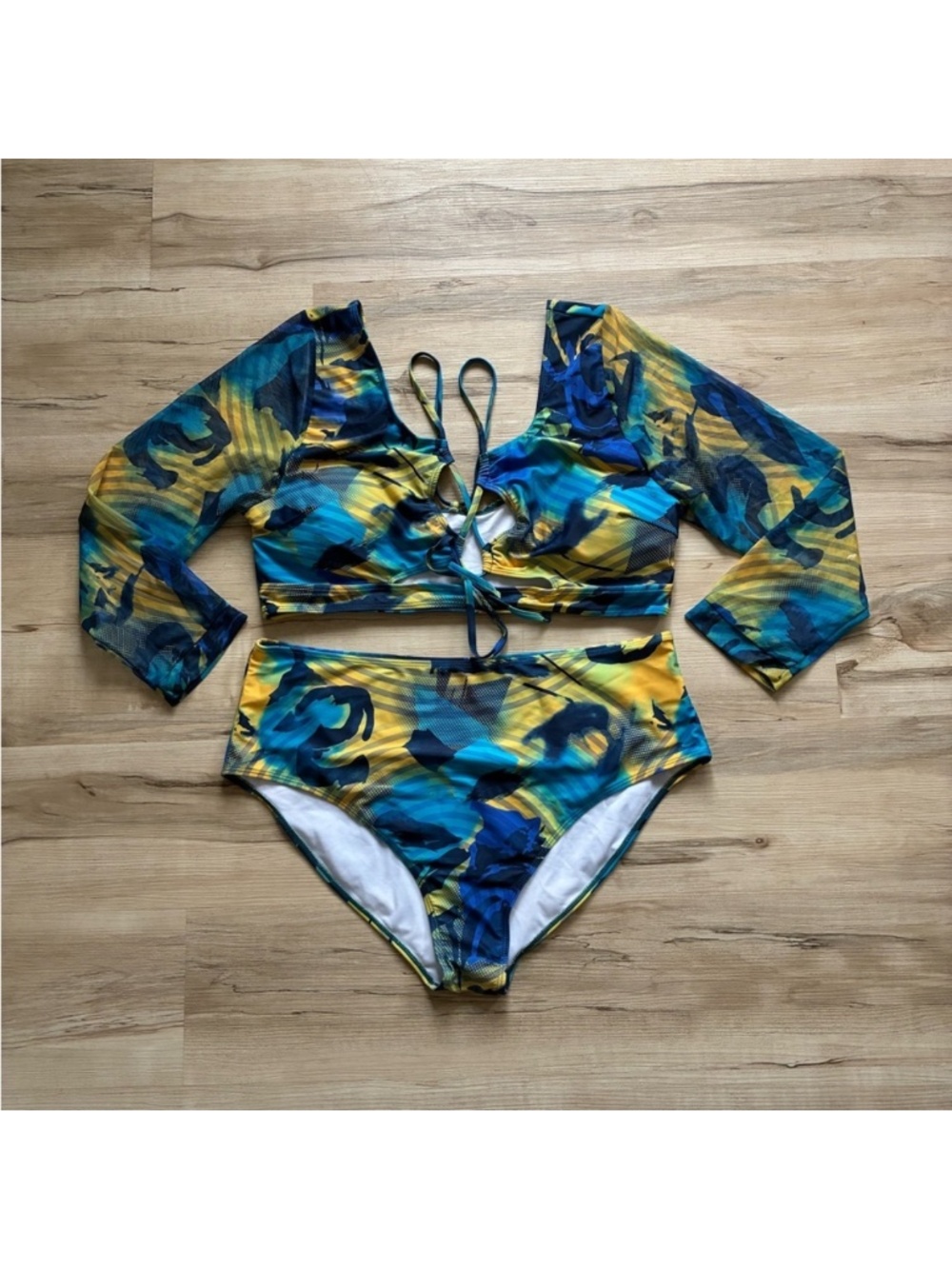 MASSIVE $10 SALE SHEIN Blue Green Yellow Pattern Long Sleeve Bikini & Bottom